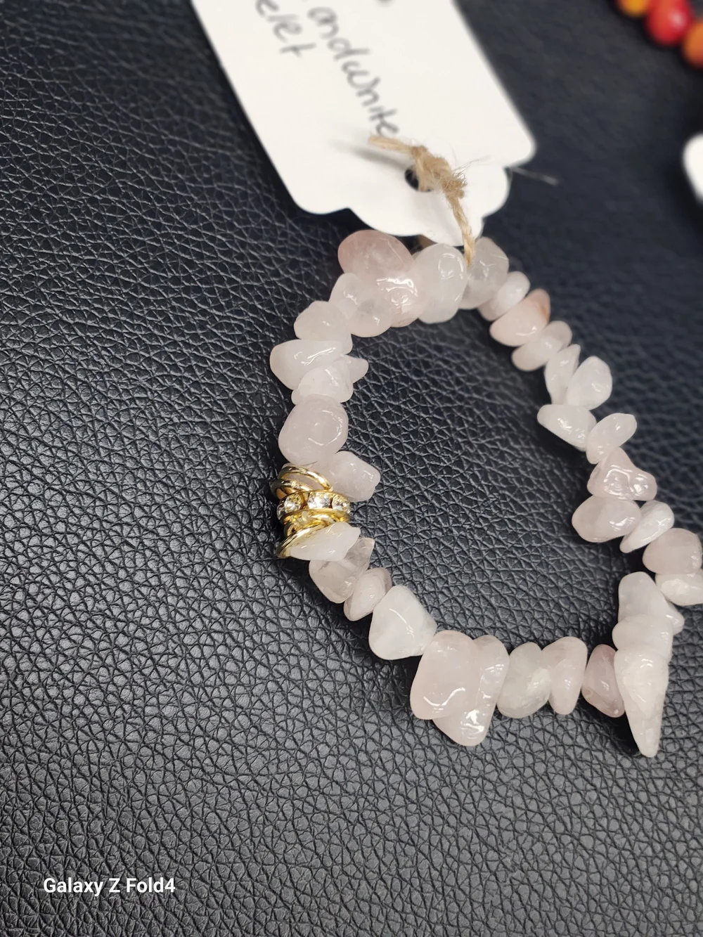 Hand Crafted Rose Quartz Chip Bracelet with Gold Accent